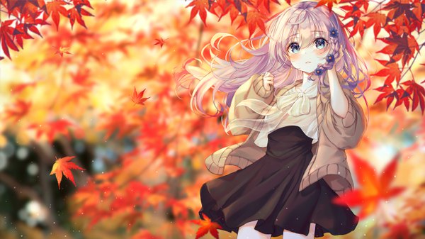 Anime picture 5760x3240 with original bbeedol single long hair looking at viewer blush fringe highres blue eyes hair between eyes wide image standing absurdres purple hair outdoors braid (braids) parted lips wind blurry open clothes