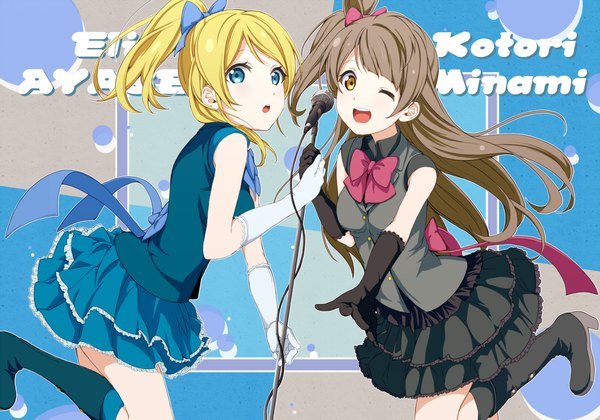 Anime picture 2000x1400 with love live! school idol project sunrise (studio) love live! minami kotori ayase eli nishiuri warito long hair highres open mouth blue eyes blonde hair brown hair multiple girls yellow eyes one eye closed wink one side up girl dress gloves