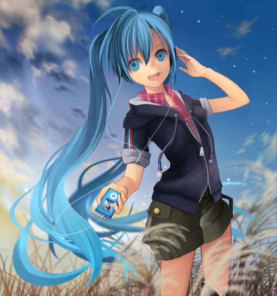 Anime picture 1437x1535 with vocaloid ipod hatsune miku kari kenji single long hair tall image open mouth blue eyes twintails blue hair sky cloud (clouds) girl plant (plants) shorts grass wire (wires)