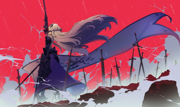 Anime picture 1200x716 with fate (series) fate/grand order jeanne d'arc (fate) (all) jeanne d'arc alter (fate) ryota-h single long hair blonde hair wide image standing holding yellow eyes looking away sky silver hair full body outdoors profile arm up wind