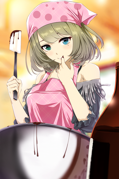Anime picture 900x1348 with idolmaster idolmaster cinderella girls takagaki kaede infinote single tall image blush short hair smile bare shoulders mole mole under eye heterochromia finger to mouth cooking girl food sweets apron chocolate