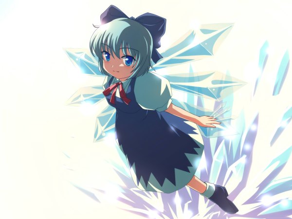 Anime picture 1200x900 with touhou cirno tdk looking at viewer short hair blue eyes simple background white background girl dress bow hair bow wings socks white socks ice