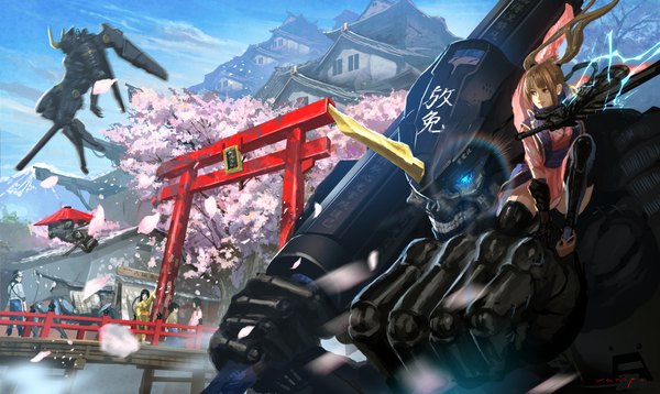 Anime picture 2000x1194 with original vanipo (artist) long hair highres brown hair wide image twintails brown eyes signed japanese clothes horn (horns) cherry blossoms glowing mountain glowing eye (eyes) clenched teeth architecture waving east asian architecture girl