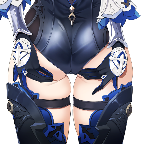 Anime picture 2000x2036 with genshin impact eula lawrence bellone single tall image highres light erotic simple background standing white background ass from behind head out of frame pov ass hand on ass girl gloves armor thigh strap vambraces