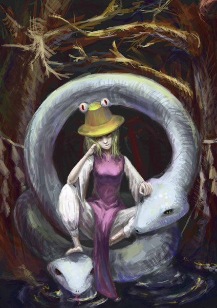 Аниме картинка 2480x3508 с touhou мория сувако mishaguji cmy высокое изображение высокое разрешение короткие волосы светлые волосы сидит жёлтые глаза девушка растение (растения) шляпа дерево (деревья) змея