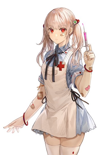 Anime picture 800x1132 with original kim eb single long hair tall image looking at viewer fringe simple background red eyes standing white background twintails holding pink hair blunt bangs short sleeves zettai ryouiki nurse bandaid on face bandaid on arm