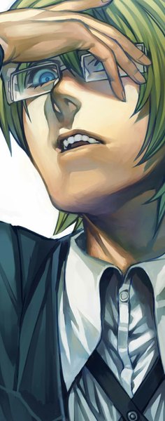 Anime picture 400x1015 with dangan ronpa togami byakuya irohara mitabi single tall image looking at viewer short hair open mouth blue eyes simple background blonde hair white background teeth portrait boy glasses