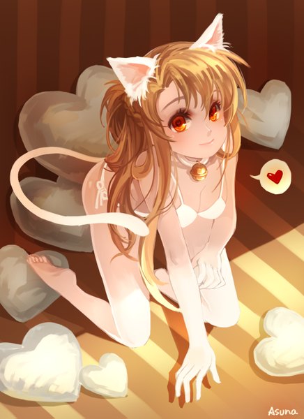 Anime picture 1000x1375 with sword art online a-1 pictures yuuki asuna huazha01 long hair tall image looking at viewer blush light erotic blonde hair smile animal ears barefoot cat ears cat tail orange eyes striped on all fours striped background girl