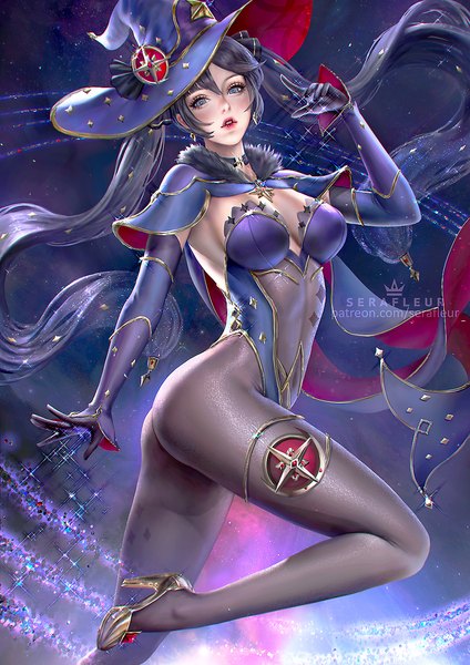 Anime picture 990x1400 with genshin impact mona megistus abigail diaz single tall image looking at viewer blush fringe breasts blue eyes light erotic black hair hair between eyes large breasts standing signed payot bent knee (knees) ass very long hair