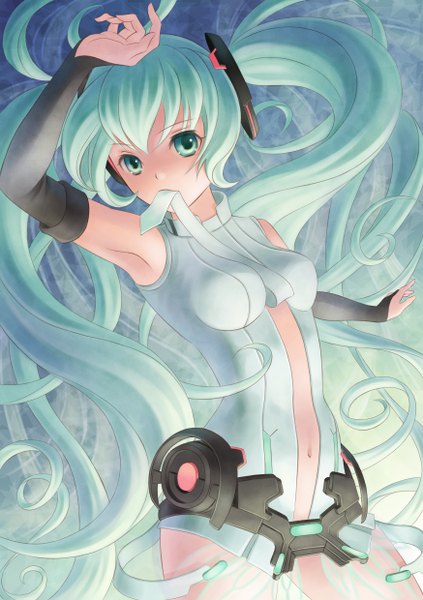 Anime picture 1748x2480 with vocaloid vocaloid append hatsune miku hatsune miku (append) single long hair tall image highres twintails absurdres very long hair aqua eyes aqua hair mouth hold girl detached sleeves
