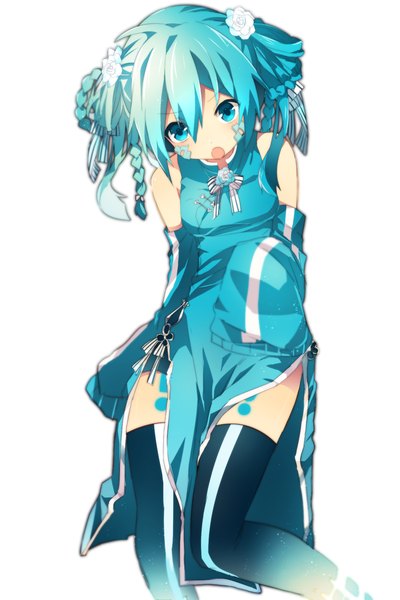 Anime picture 840x1260 with kagerou project shaft (studio) ene (kagerou project) nanase09rr single long hair tall image looking at viewer breasts open mouth blue eyes simple background standing white background bent knee (knees) long sleeves hair flower aqua hair wide sleeves alternate costume