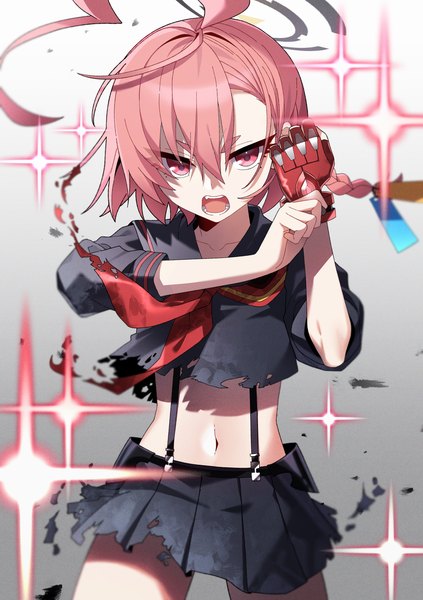 Anime picture 3000x4256 with kill la kill blue archive studio trigger matoi ryuuko senketsu neru (blue archive) hwaen single tall image looking at viewer fringe highres short hair open mouth simple background hair between eyes standing pink hair ahoge pink eyes