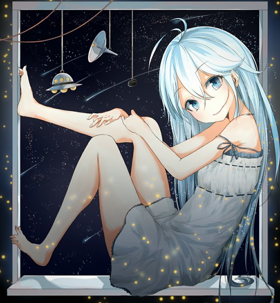 Anime picture 1000x1079 with denpa onna to seishun otoko shaft (studio) touwa erio la-na long hair tall image looking at viewer fringe blue eyes smile sitting bare shoulders barefoot aqua hair bare legs sparkle shooting star girl star (stars) sundress