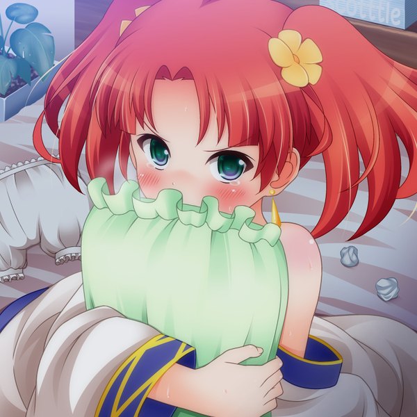 Anime picture 1500x1500 with fractale nessa nukunuku (hinataboltuko) single blush bare shoulders green eyes red hair loli tears girl plant (plants) pillow