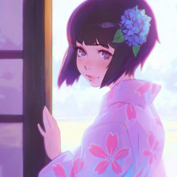 Anime picture 1080x1080 with original ilya kuvshinov single looking at viewer blush fringe short hair black hair standing purple eyes upper body blunt bangs long sleeves traditional clothes japanese clothes hair flower light smile lips floral print girl