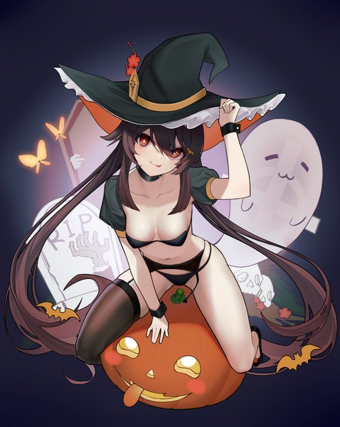 Anime picture 2749x3454 with genshin impact hu tao (genshin impact) boo tao (genshin impact) terebi (shimizu1996) single tall image looking at viewer fringe highres light erotic hair between eyes red eyes brown hair sitting twintails very long hair symbol-shaped pupils halloween adjusting hat ghost