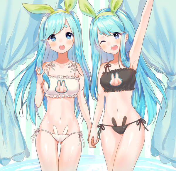 Anime picture 2450x2379 with sound voltex noah (sound voltex) near (sound voltex) cona kinaco long hair looking at viewer blush fringe highres breasts open mouth blue eyes light erotic smile multiple girls animal ears one eye closed arm up wink aqua hair