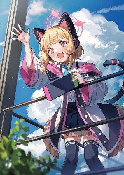 Anime picture 968x1366 with blue archive nintendo momoi (blue archive) hoshiko (419401x) single tall image short hair open mouth blonde hair animal ears sky cloud (clouds) outdoors tail :d animal tail pink eyes cat ears cat tail fang (fangs)