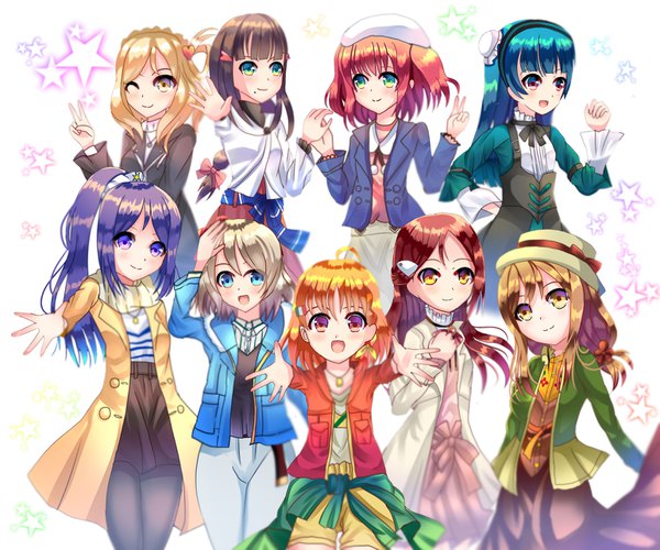 Anime picture 1541x1285 with love live! sunshine!! sunrise (studio) love live! sakurauchi riko tsushima yoshiko watanabe you takami chika kurosawa ruby kurosawa dia matsuura kanan kunikida hanamaru ohara mari yuyu 07 long hair looking at viewer blush fringe open mouth blue eyes black hair