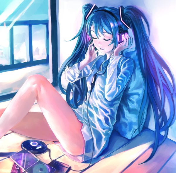 Anime picture 1035x1020 with vocaloid hatsune miku zrero single long hair sitting twintails blue hair bent knee (knees) eyes closed open collar hand on headphones girl shirt window white shirt headphones pillow wire (wires) digital media player