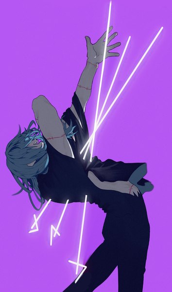 Аниме картинка 1728x2929 с магическая битва mappa mahito (jujutsu kaisen) air (ai r ) один (одна) длинные волосы высокое изображение высокое разрешение открытый рот простой фон синие волосы вытянутая рука фиолетовый фон волосы прикрывают глаза мужчина