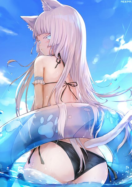 Anime picture 1158x1638 with girls frontline original awp (girls frontline) (nekoya (liu)) nekoya (liu) single long hair tall image looking at viewer blush fringe light erotic standing signed animal ears sky cloud (clouds) outdoors ass white hair tail