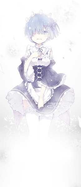 Anime picture 652x1500 with re:zero kara hajimeru isekai seikatsu white fox rem (re:zero) lf single tall image looking at viewer blush fringe short hair open mouth blue eyes white background blue hair blunt bangs hair over one eye wide sleeves maid puffy sleeves hand on chest