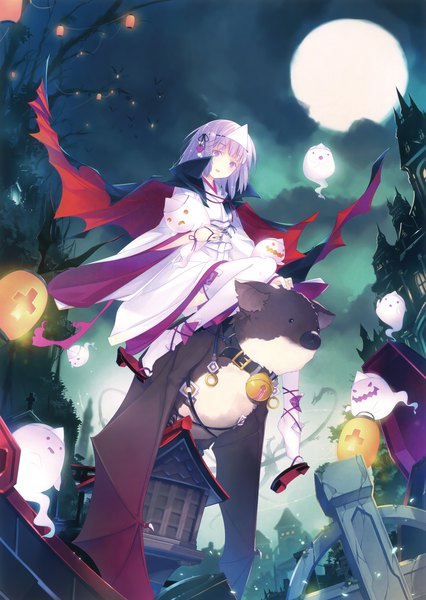 Anime picture 2342x3300 with original eshi 100-nin ten ruroo single tall image highres short hair open mouth purple eyes purple hair full body scan night halloween bat wings ghost girl thighhighs dress animal