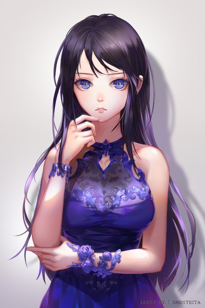 Anime picture 600x900 with original shenteita (sharkpunk) single long hair tall image looking at viewer fringe breasts blue eyes black hair simple background bare shoulders signed upper body parted lips grey background shadow hand to mouth girl dress