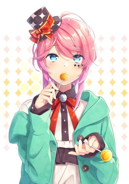 Anime picture 563x800 with hypnosis mic amemura ramuda levka single tall image looking at viewer blush fringe short hair blue eyes simple background hair between eyes white background holding pink hair ahoge off shoulder open jacket facial mark sleeves past wrists