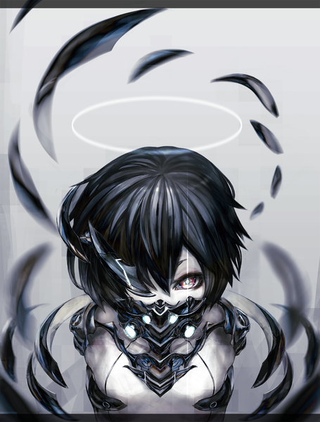 Anime picture 1000x1317 with original tmt (pixiv) single tall image looking at viewer short hair breasts black hair red eyes grey background flat chest hands behind back cyberpunk girl halo bodysuit mask