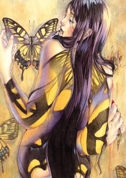 Anime picture 710x1000 with original shuka (taupe) single long hair tall image black hair simple background from behind black eyes yellow background abstract bodypaint insect girl girl insect butterfly blood