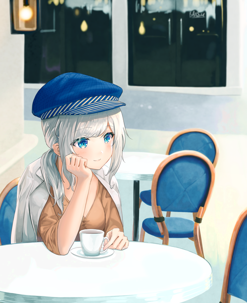 Anime picture 1100x1350 with original mitamura single long hair tall image blush fringe blue eyes smile sitting payot looking away silver hair indoors low ponytail clothes on shoulders chin rest girl hat chair