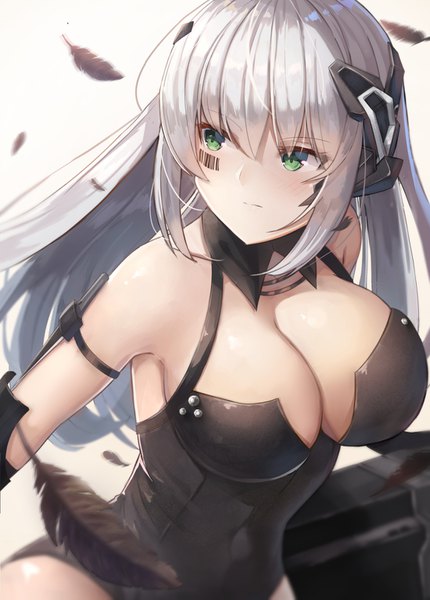 Anime-Bild 1100x1533 mit girls frontline gager (girls frontline) motokonut single long hair tall image blush fringe breasts light erotic simple background hair between eyes large breasts bare shoulders green eyes payot looking away cleavage silver hair upper body
