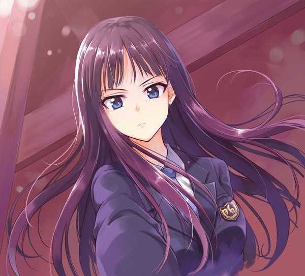 Anime picture 1000x905 with white album 2 touma kazusa nyan (themare) single long hair looking at viewer blue eyes purple hair girl uniform school uniform