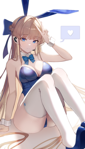 Anime picture 3697x6487 with blue archive toki (blue archive) toki (bunny) (blue archive) pekoku (tamago sushi) single long hair tall image looking at viewer fringe highres breasts blue eyes light erotic simple background blonde hair large breasts white background bare shoulders animal ears absurdres