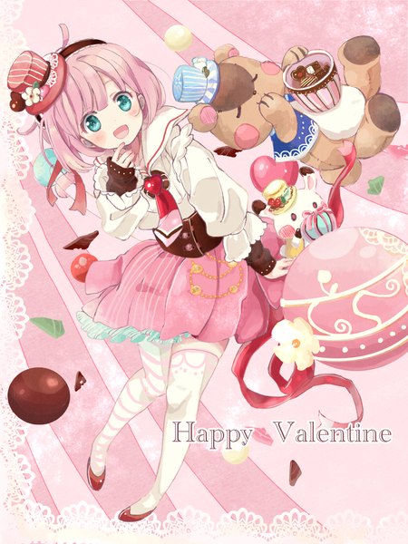 Anime picture 2048x2732 with original hacosumi single tall image looking at viewer blush highres short hair open mouth pink hair full body :d aqua eyes valentine different thighhighs girl thighhighs hat food sweets