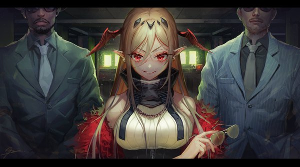 Anime picture 2686x1500 with original okuma mai long hair looking at viewer fringe highres breasts blonde hair smile hair between eyes red eyes wide image bare shoulders holding signed payot upper body indoors parted lips pointy ears
