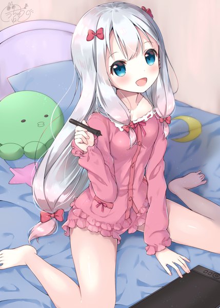 Anime picture 643x900 with eromanga sensei a-1 pictures izumi sagiri uchuuneko single long hair tall image looking at viewer blush fringe open mouth blue eyes light erotic smile sitting holding payot silver hair indoors long sleeves