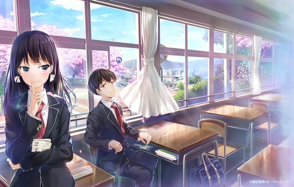 Anime picture 1000x639 with original wingheart long hair blush short hair blue eyes black hair smile cherry blossoms girl boy uniform plant (plants) school uniform tree (trees) necktie window desk