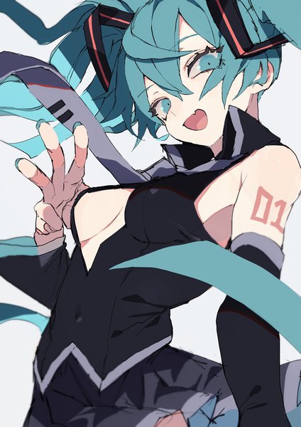 Anime picture 724x1024 with vocaloid hatsune miku sakusya2honda single long hair tall image looking at viewer fringe breasts open mouth light erotic simple background hair between eyes twintails :d aqua eyes aqua hair grey background fang (fangs) sideboob