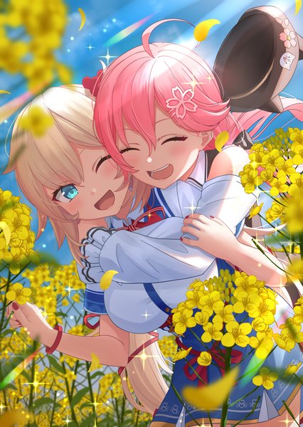 Anime picture 2911x4096 with virtual youtuber hololive sakura miko akai haato shima6644 long hair tall image fringe highres breasts open mouth blonde hair smile hair between eyes large breasts multiple girls pink hair sky ahoge eyes closed