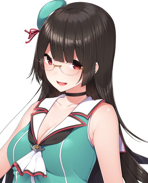 Anime picture 1000x1238 with kantai collection choukai heavy cruiser yukichi (sukiyaki39) single long hair tall image looking at viewer blush breasts simple background red eyes brown hair white background payot upper body sleeveless girl hat choker glasses