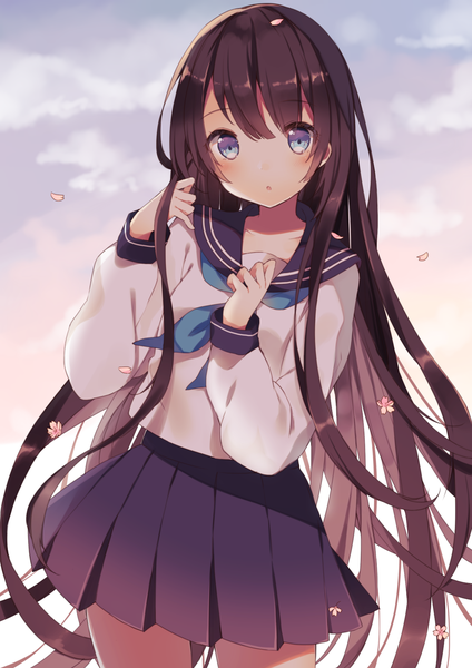 Anime picture 1280x1810 with original shiino sera (gelatin) single long hair tall image looking at viewer blush fringe blue eyes hair between eyes brown hair standing sky cloud (clouds) parted lips pleated skirt :o adjusting hair girl skirt