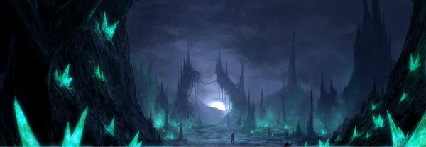Аниме картинка 1310x456 с оригинальное изображение chris cold один (одна) широкое изображение спина дым гора (горы) скала мрак луна кристалл мост