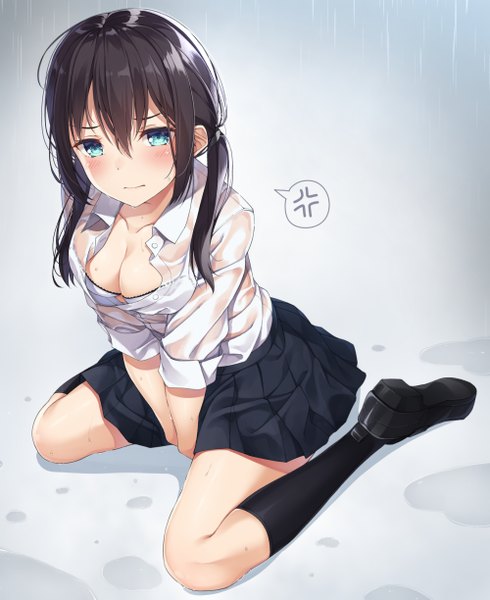 Anime picture 1000x1224 with original yuuri nayuta single long hair tall image looking at viewer blush fringe breasts blue eyes light erotic black hair hair between eyes sitting twintails cleavage full body bent knee (knees) pleated skirt wet