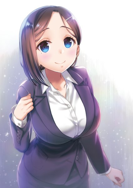 Anime picture 1062x1500 with getsuyoubi no tawawa pine jam kouhai-chan (tawawa) nanase meruchi single tall image blush short hair breasts blue eyes smile brown hair large breasts from above mole sparkle mole under eye looking up office lady formal