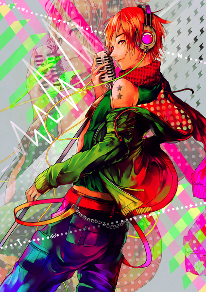 Anime picture 1440x2037 with original pantsumoriko single tall image short hair smile standing bare shoulders pink eyes looking back orange hair off shoulder tattoo polka dot boy jacket belt headphones scarf star (symbol)