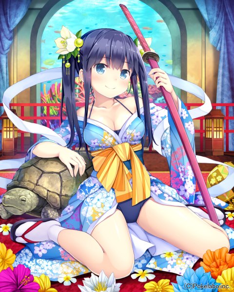 Anime picture 1920x2400 with unmei no clan battle namaru (summer dandy) single tall image looking at viewer blush highres breasts blue eyes light erotic black hair smile twintails very long hair hair flower official art girl hair ornament flower (flowers) weapon