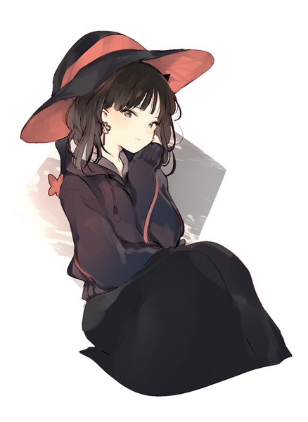 Anime picture 700x958 with original lpip single long hair tall image looking at viewer blush fringe black hair simple background white background head tilt light smile black eyes sleeves past wrists chin rest hand on cheek girl hat hood